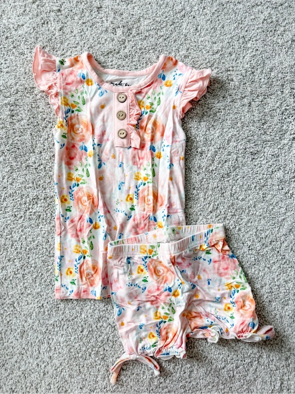 Girls Pink Floral Pajama Set - Short Sleeve Top & Shorts